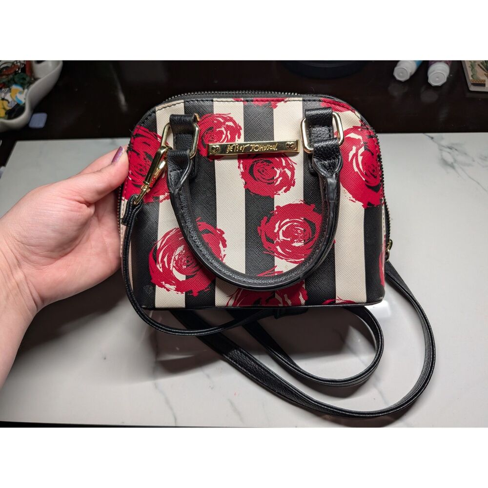 Betsey Johnson Black White Striped Rose Small Clutch Handbag Purse-Crossbody